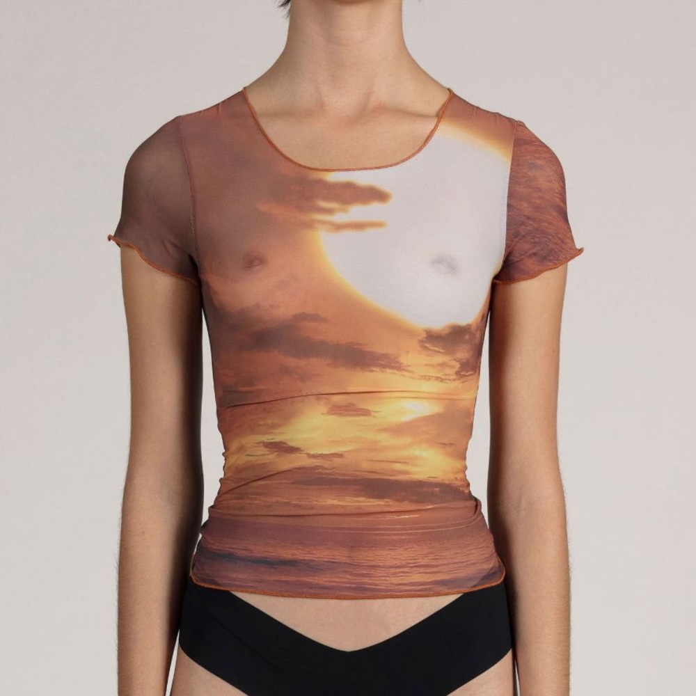 Custom Sunset print short sleeve tee in semi-sheer nylon mesh.